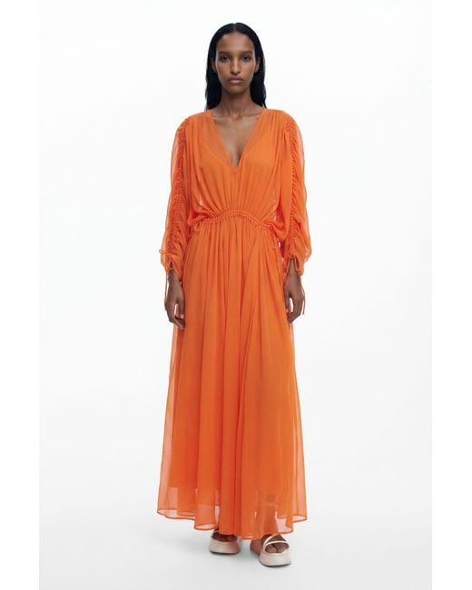 Desigual Orange Flowy Long Dress, Polyester