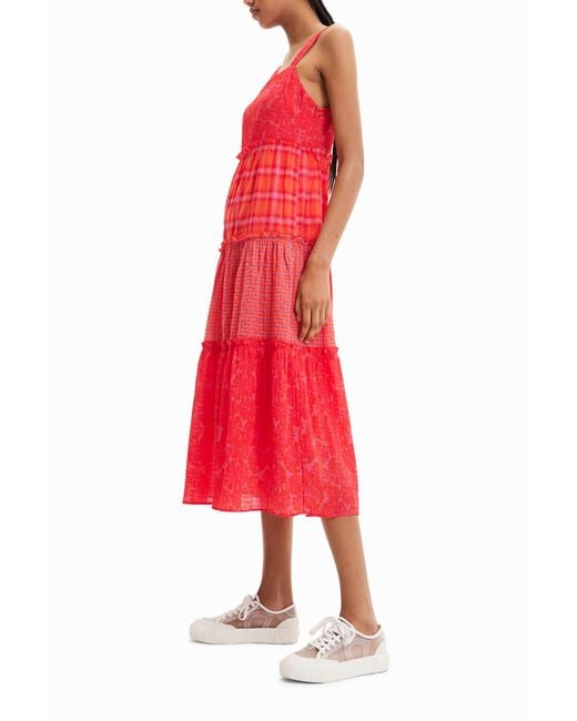 Desigual Red Long Patchwork Strappy Dress, Polyester