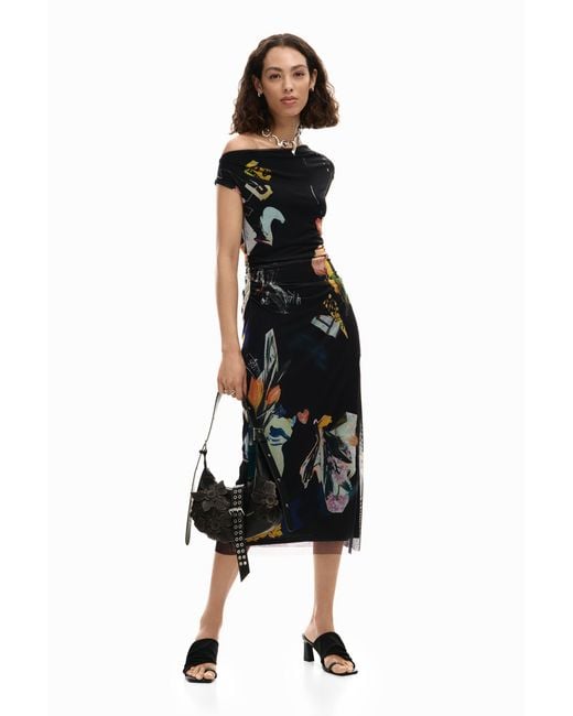 Desigual Black Midi Collage Dress, Polyester