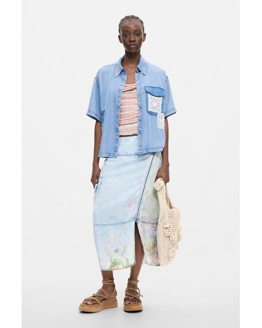 Desigual Blue Patchwork Lyocell Shirt, Lyocell