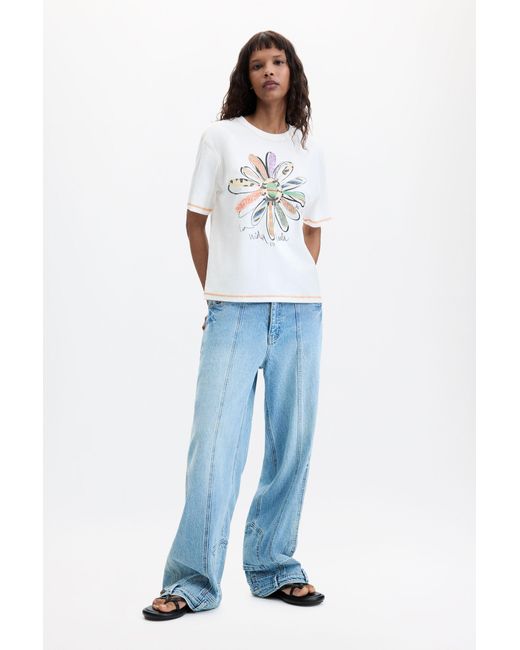 Desigual White Floral Print T-Shirt 100% Cotton, Cotton