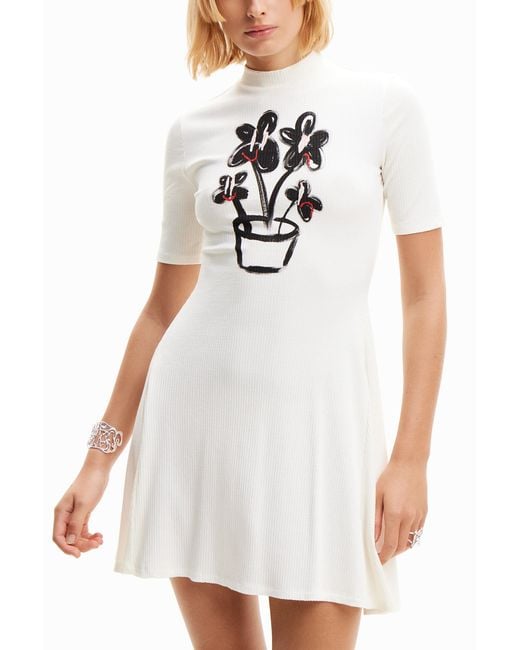 Desigual White Short Plant Skater Dress, Viscose