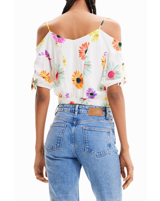 Desigual White Short Gathered Floral Blouse, Viscose
