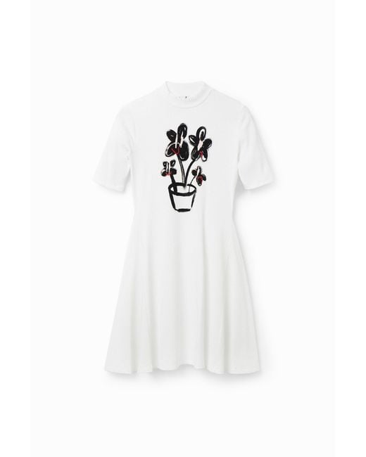 Desigual White Short Plant Skater Dress, Viscose