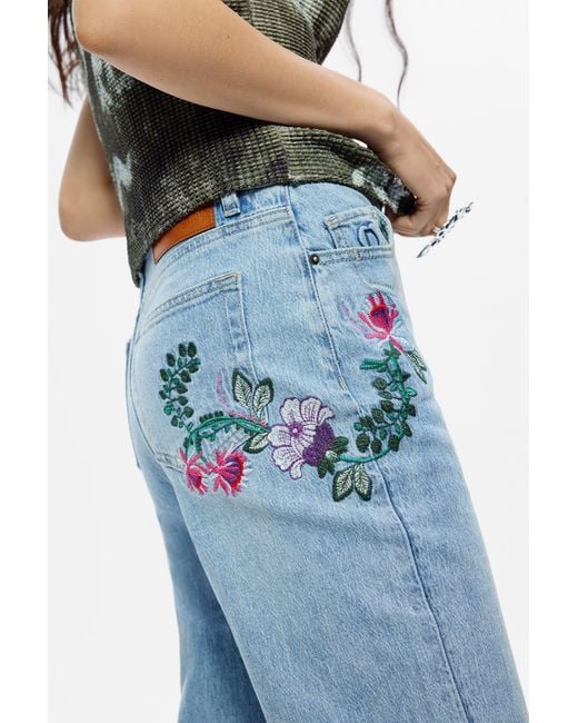 Desigual Red Straight Floral Jeans, Cotton