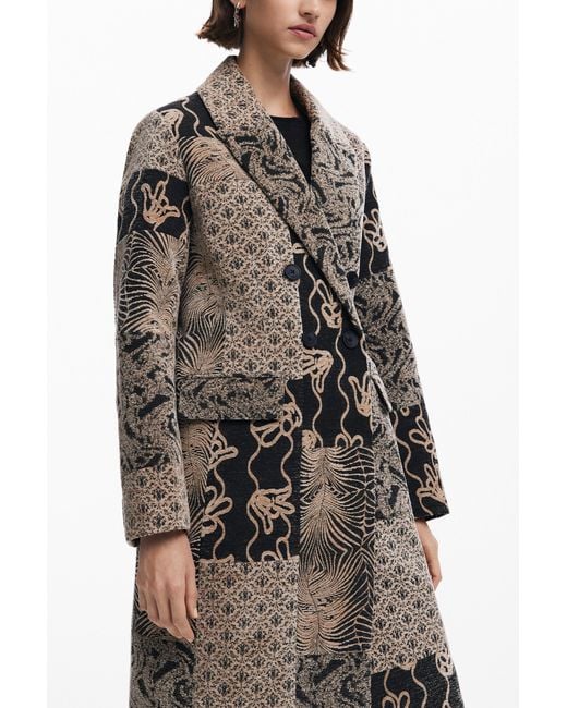 Desigual Black Long Patch Coat, Polyester
