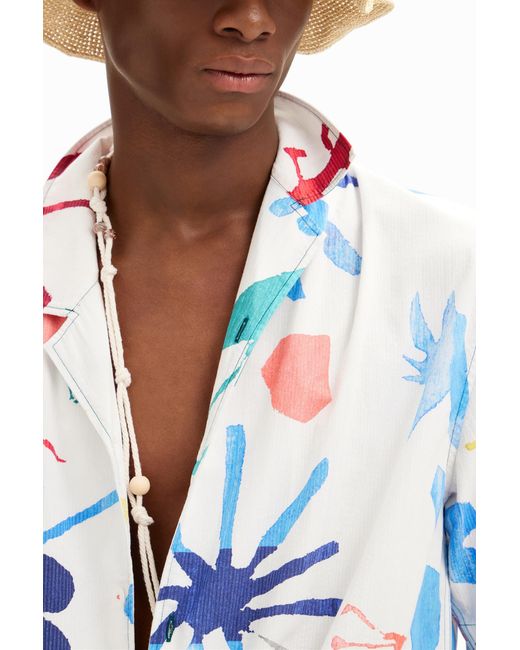 Desigual Blue Short-Sleeve Shirt With Tropical Leaves, Cotton for men