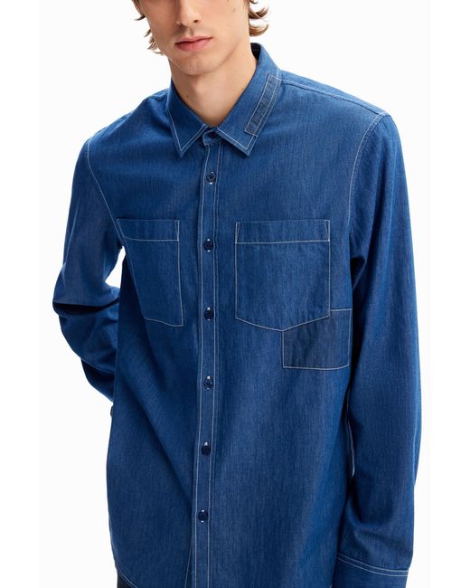 Desigual Blue Patchwork Pockets Shirt, Cotton for men