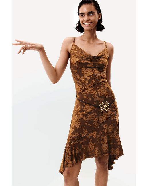 Desigual Brown Asymmetrical Strappy Dress, Polyester