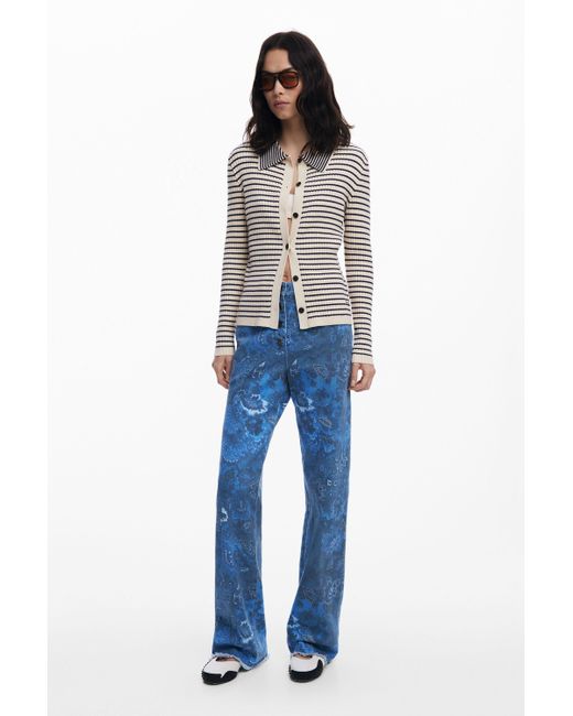 Desigual Blue Paisley Twill Trousers, Cotton