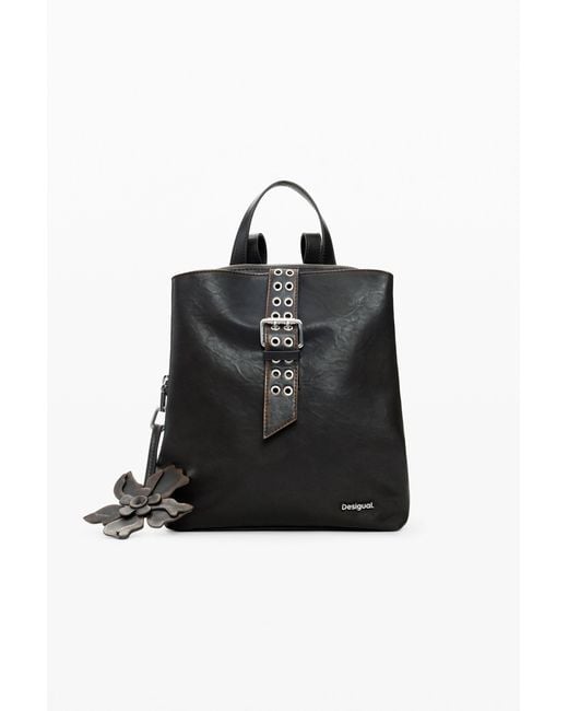 Desigual Black Small Backpack Appliques Flowers, Polyurethane