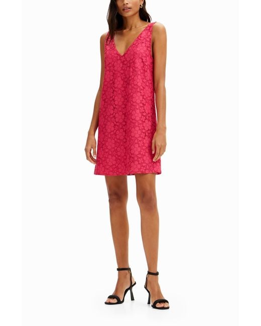Desigual Red Floral Lace Mini Dress, Polyester