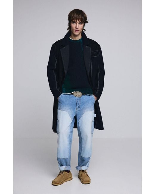 Desigual Blue Long Striped Wool Coat for men