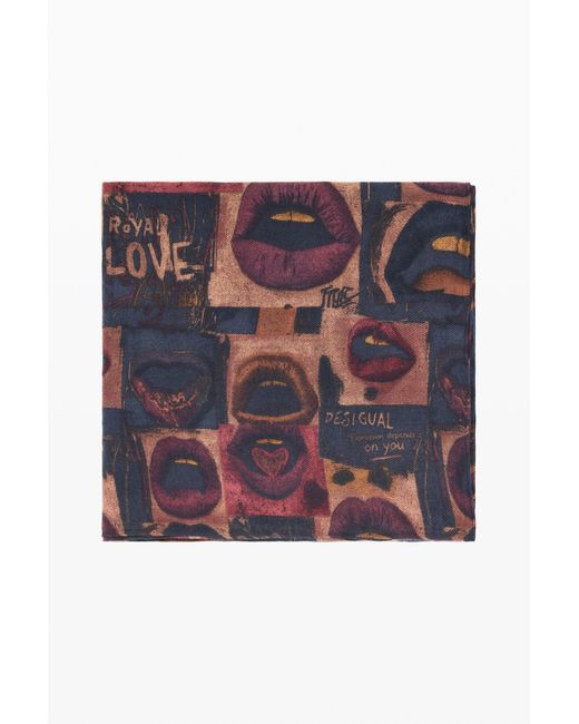 Desigual Brown Rectangular Scarf Lips, Viscose