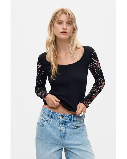 Desigual Blue Floral Long Sleeve T-Shirt, Cotton