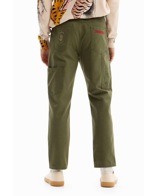 Desigual Green Straight Long Pants With Embroidery. Cotton for men