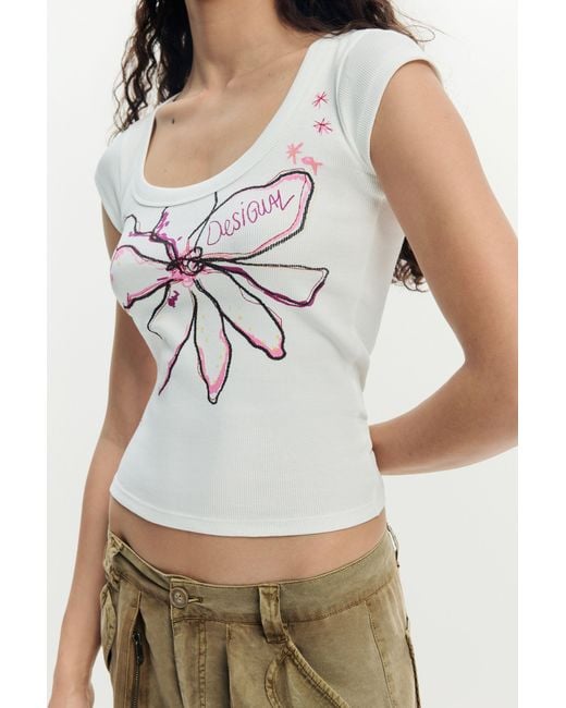 Desigual White Fitted Flower T-Shirt, Cotton
