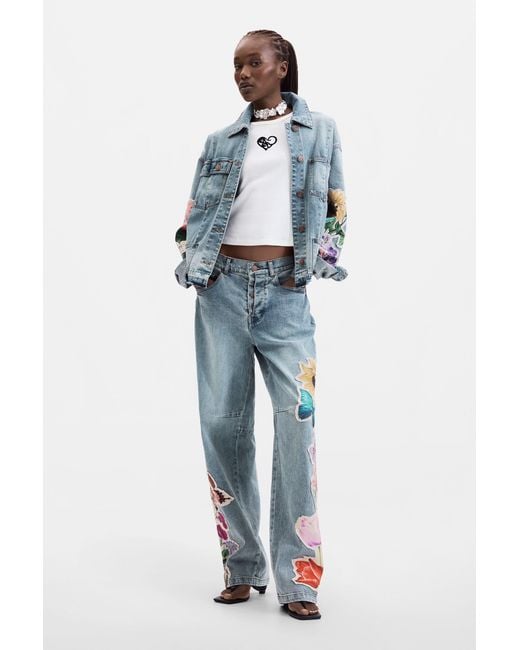 Desigual Blue Embroidered Denim Jacket, Cotton