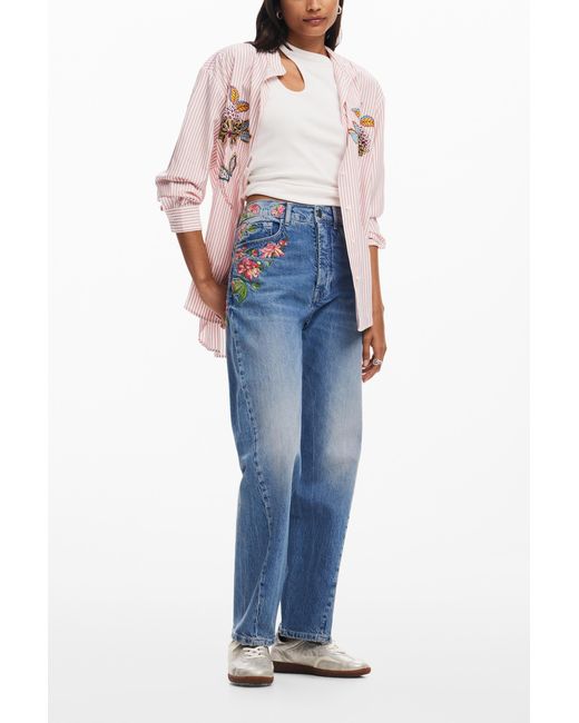 Desigual Blue Long Denim Pants With Flowers, Cotton