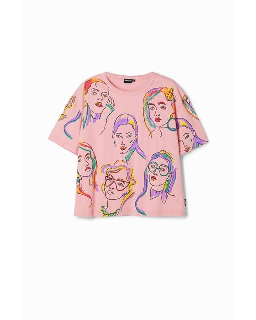 Desigual Pink Arty Faces T-Shirt, Cotton