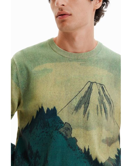 Desigual Green Thin Landscape Pullover, Cotton for men