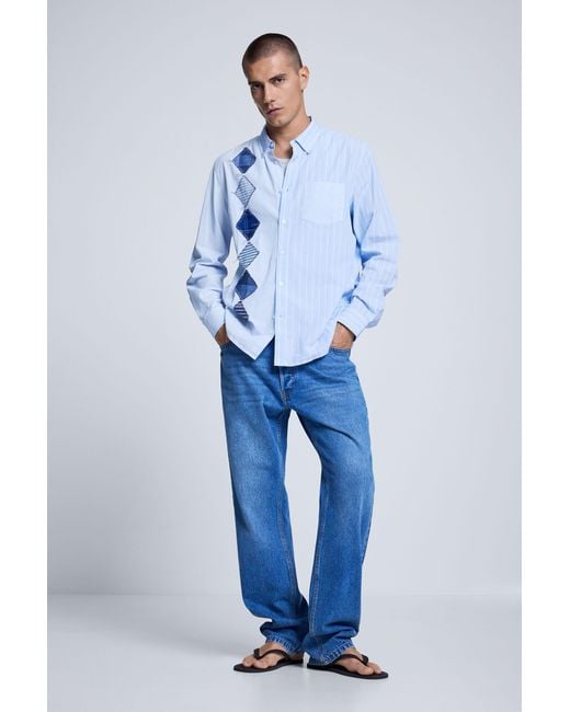 Desigual Blue Argyle Cotton Shirt, Cotton for men