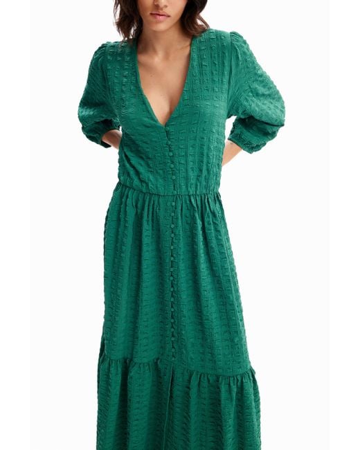 Desigual Green Textured Long Dress, Polyester