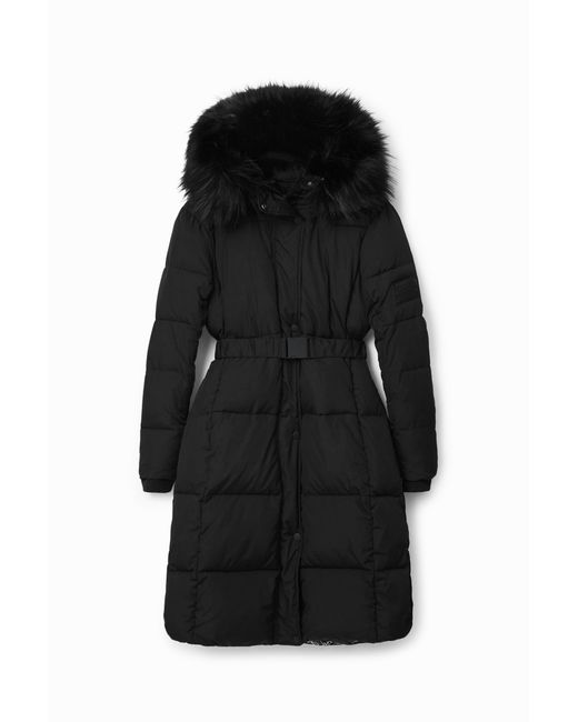 Desigual Black Long Padded Coat With Belt, Polyester