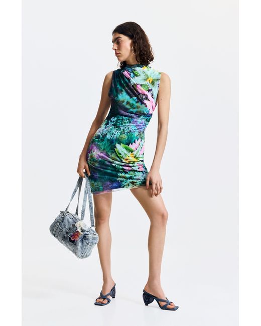Desigual Blue Draped Floral Dress, Polyester