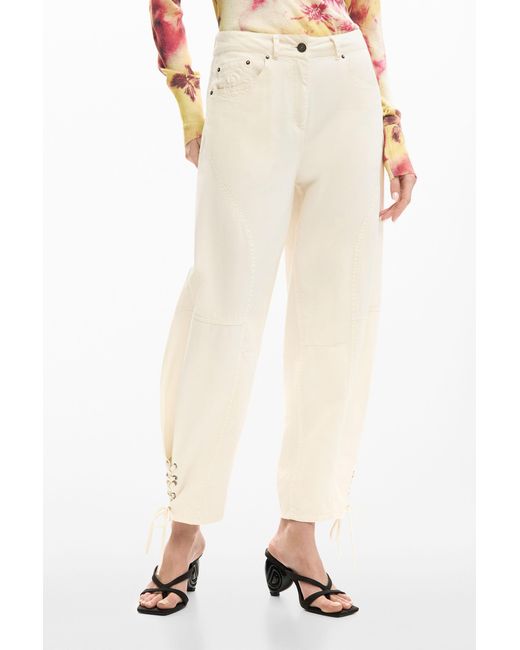 Desigual White Long Tie Trousers, Cotton
