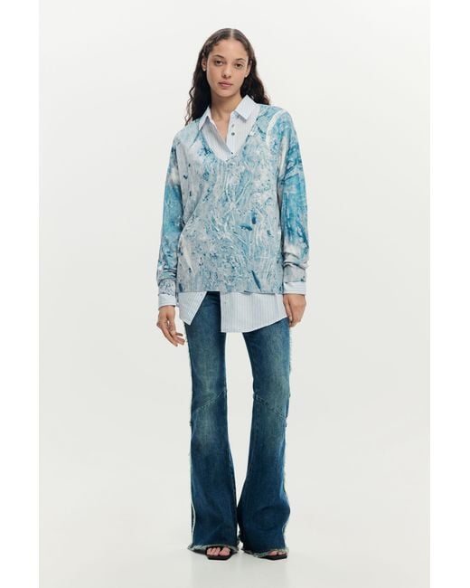 Desigual Blue V-Neck Sweater With Abstract Print