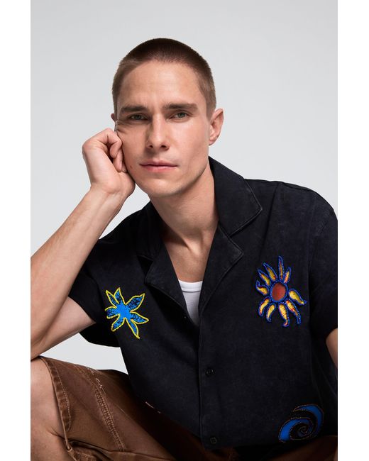 Desigual Blue Embroidered Cotton Shirt, Cotton for men