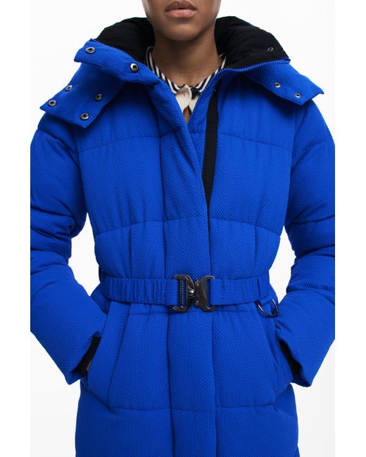 Desigual Blue Long Padded Jacket With Belt