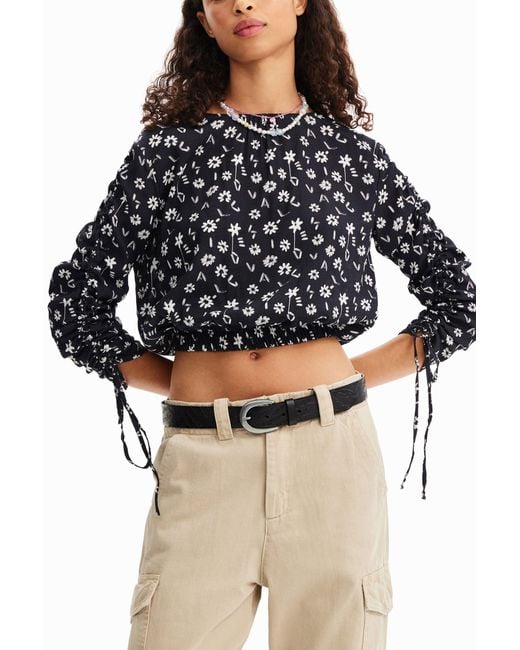Desigual Black Short Gathered Floral Blouse, Viscose