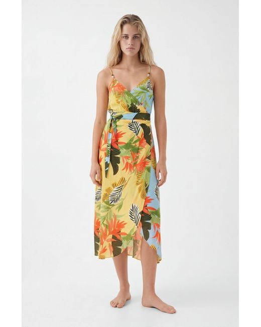 Desigual Yellow Tropical Wrap Midi Dress, Viscose