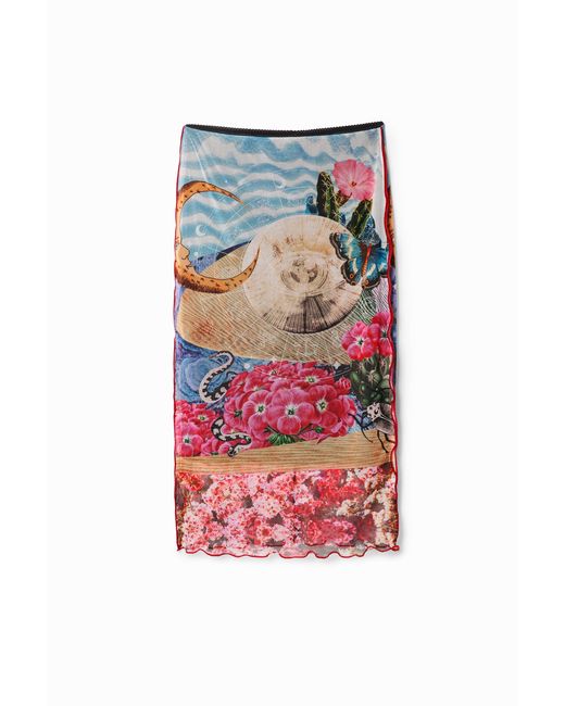 Desigual Red Slim Tulle Midi Skirt, Polyester