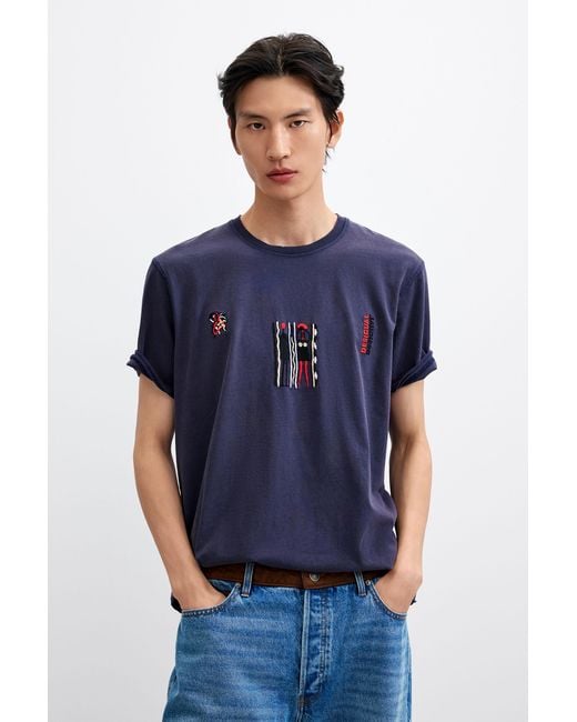 Desigual Blue Embroidered Knit T-Shirt, Cotton for men