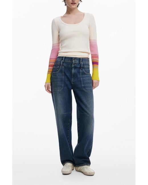 Desigual White T-Shirt With Printed Sleeves