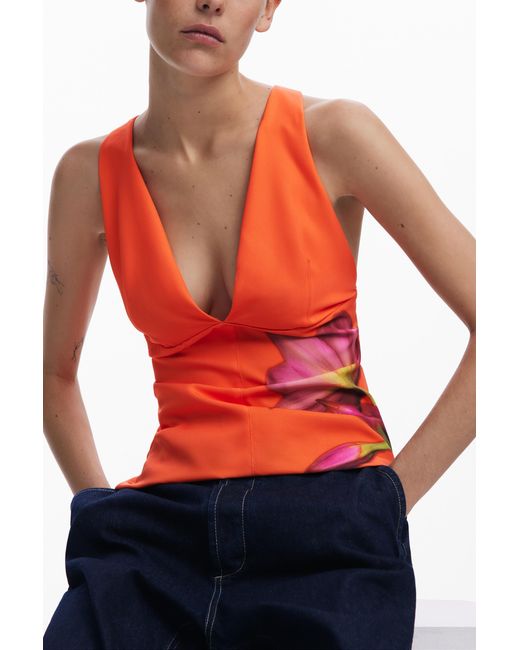 Desigual Red Floral T-Shirt, Polyester
