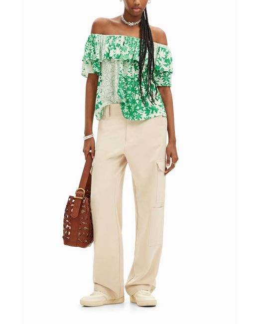 Desigual Green Patchwork Floral Ruffle Blouse, Viscose