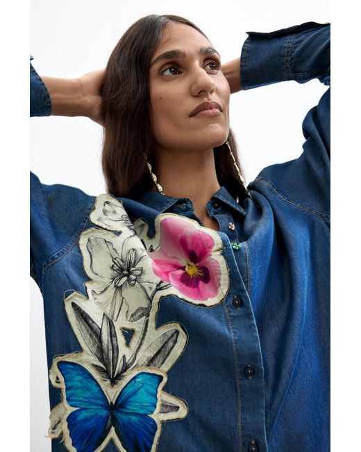 Desigual Blue Embroidered Flower Shirt, Lyocell