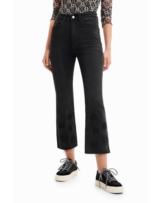 Desigual Black Embroidered Cropped Flare Jeans