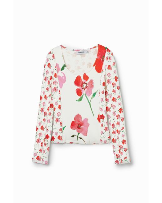 Desigual Red Patchwork Floral T-Shirt, Cotton