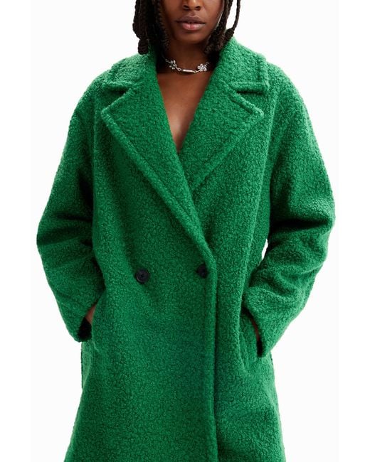 Desigual Green Double-Breasted Bouclé Coat, Polyester
