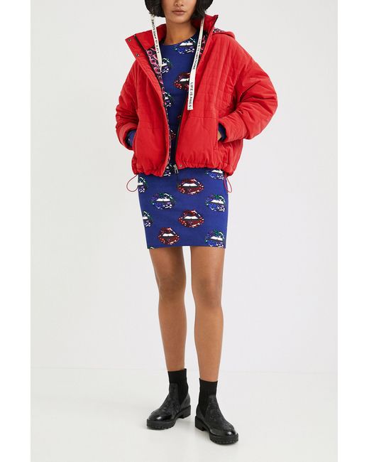 Desigual Red Short Quilted Hooded Jacket, Polyester