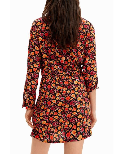 Desigual Red Short Floral Shirt Dress, Viscose