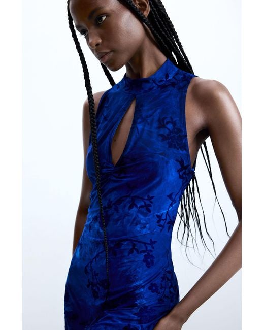 Desigual Blue Flocked Dress, Polyester