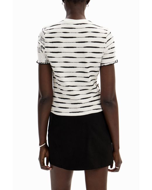 Desigual White Striped Patchwork Newspaper T-Shirt