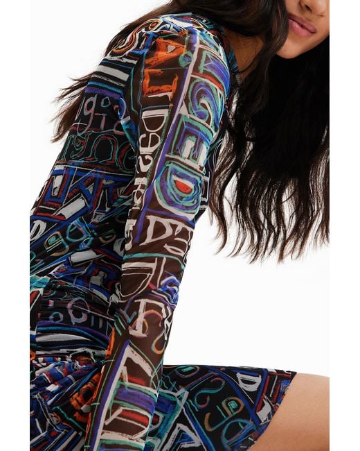 Desigual Blue Lettering Bodycon Tulle Long Sleeved Writing Dress 23swvk23 Black