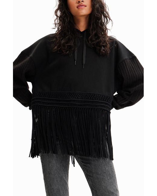 Desigual Black Oversize Fringe Hoodie